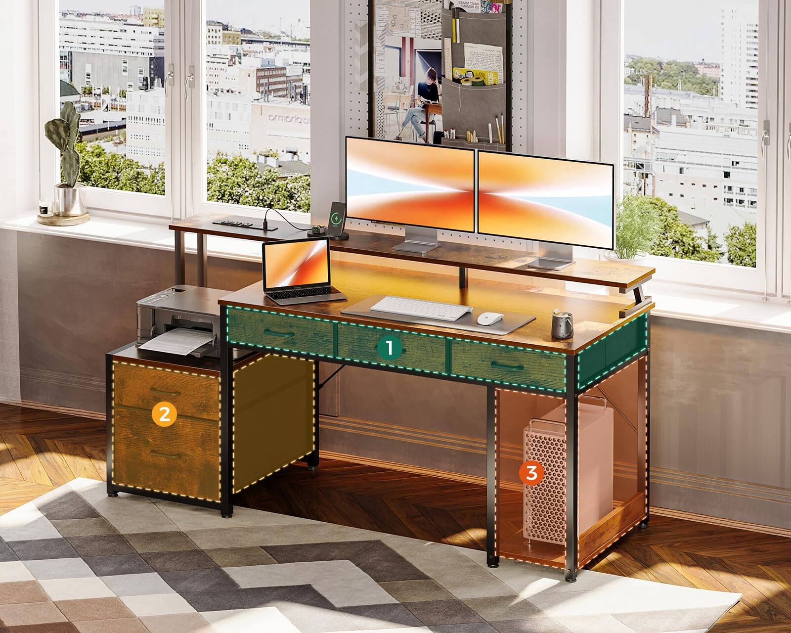 Alt View 2. Fabibe - 55 Inch Computer Desk With 3 Drawers And File Cabinet For Storage Office Monitor Stand Led Lights Home Desks Vintage - Default.