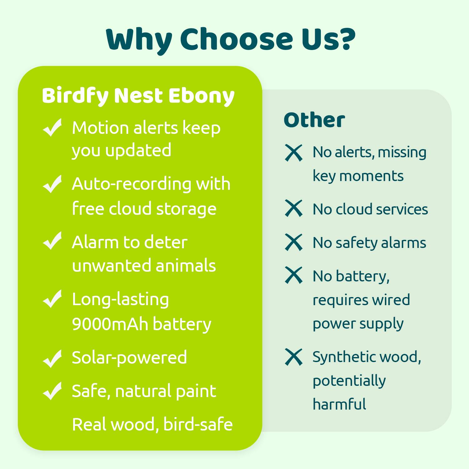Why Choose Us?

**Birdfy Nest Ebony**
- Motion alerts keep you updated
- Auto-recording with free cloud storage
- Alarm to deter unwanted animals
- Long-lasting 9000mAh battery
- Solar-powered
- Safe, natural paint
- Real wood, bird-safe

**Other**
- No alerts, missing key moments
- No cloud services
- No safety alarms
- No battery, requires wired power supply
- Synthetic wood, potentially harmful