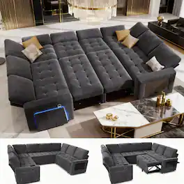 Dyonery - 8 Seat U Shaped Modular Sectional Sleeper Sofa Bed with Pull Out Bed/Reclining Backrest/USB Ports/Storage Seat - Gray