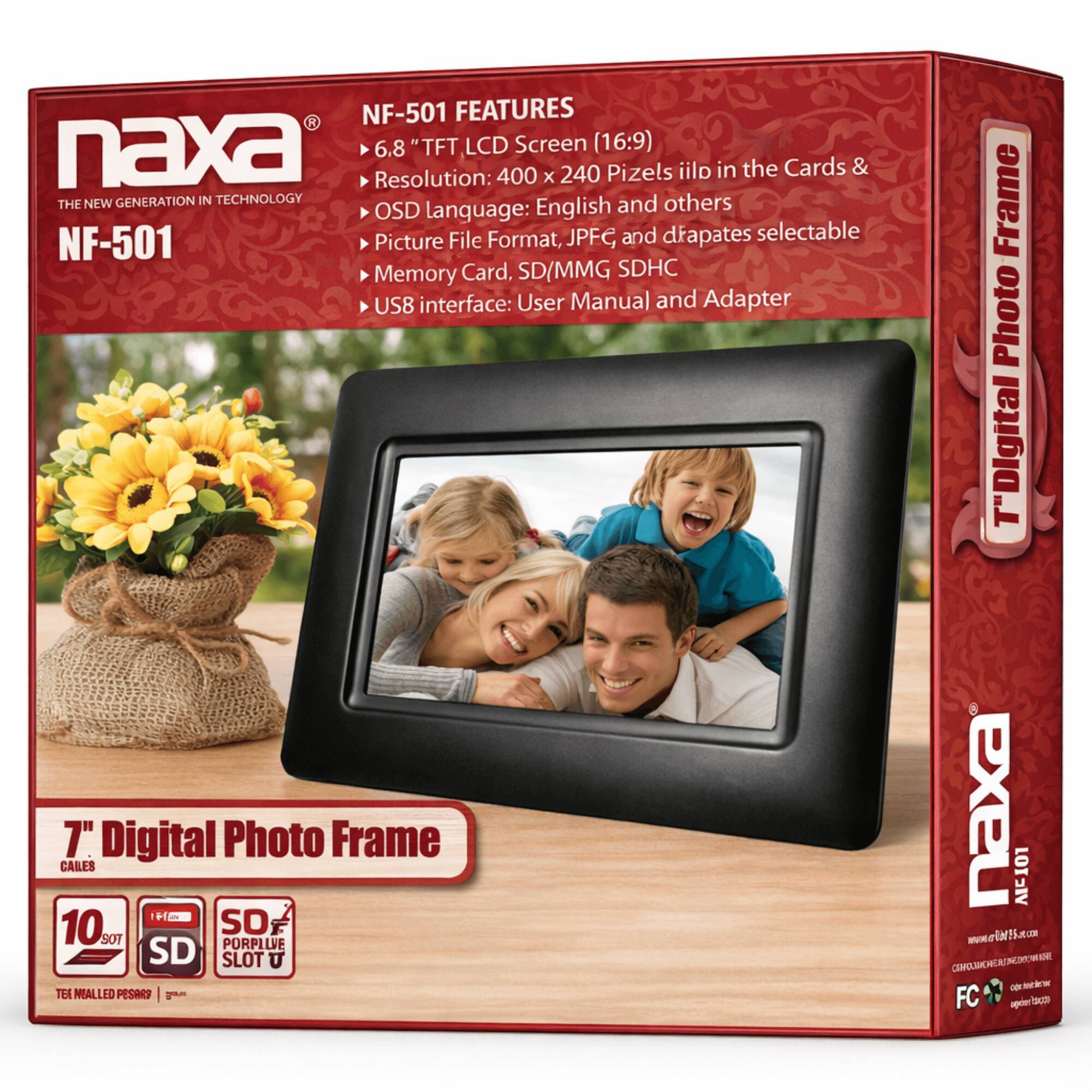 NF-501 FEATURES

- 6.8" TFT LCD Screen (16:9)
- Resolution: 400 x 240 Pixels
- OSD Language: English and others
- Picture File Format: JPG, JPEG and drapates selectable
- Memory Card: SD/MMG SDHC
- USB interface: User Manual and Adapter

7" Digital Photo Frame

- 10g
- SD SLOT
- PURPLIVE