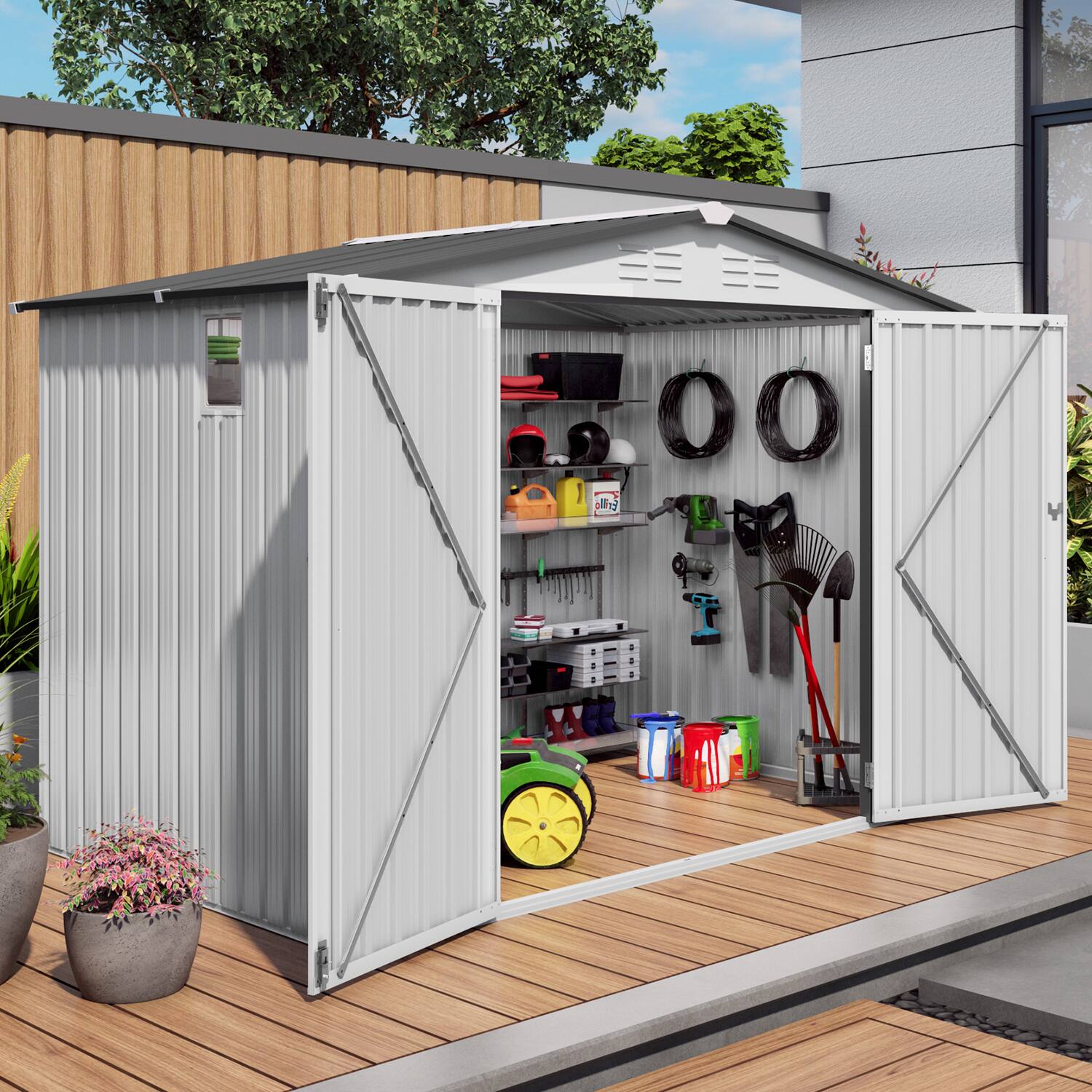 Angle. APRILSOUL - 8x6 Galvanized Steel Shed Rustproof Lockable Corner Storage Organizer - White+gray.