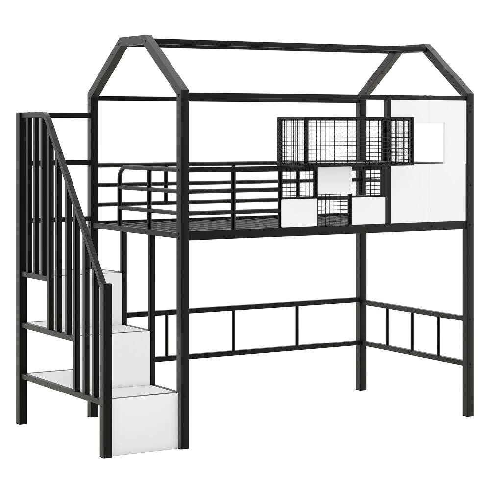 Alt View 4. Loheer - Loheer Metal Loft Bed with Roof Design Twin Size Black House Loft Bed with Storage Box and Integrated Ladder - Black.