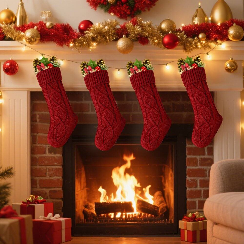 Left. MOVSSOU - 4 Pack Christmas Stockings, Knitted Stocking for Holiday Christmas Party Family Decorations - Red.