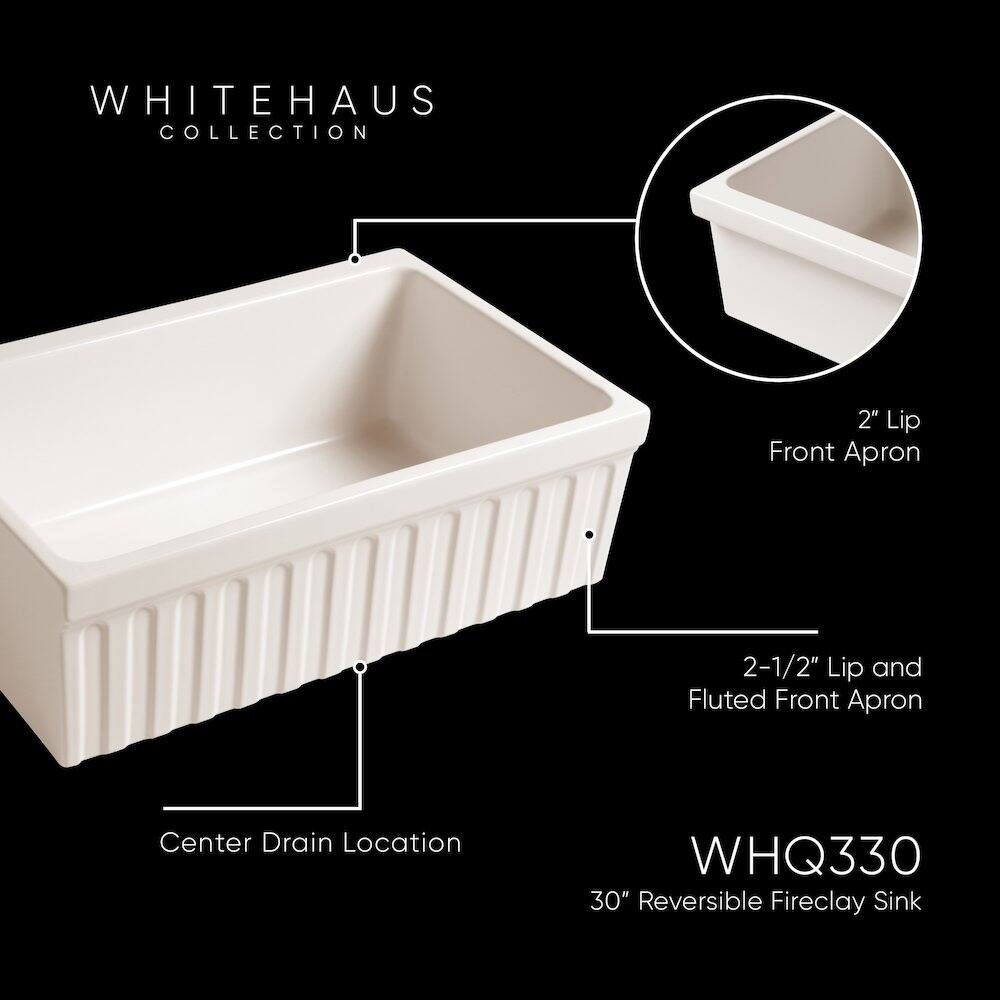 WHITEHAUS COLLECTION  
2" Lip Front Apron  
2-1/2" Lip and Fluted Front Apron  
Center Drain Location  
WHQ330  
30" Reversible Fireclay Sink