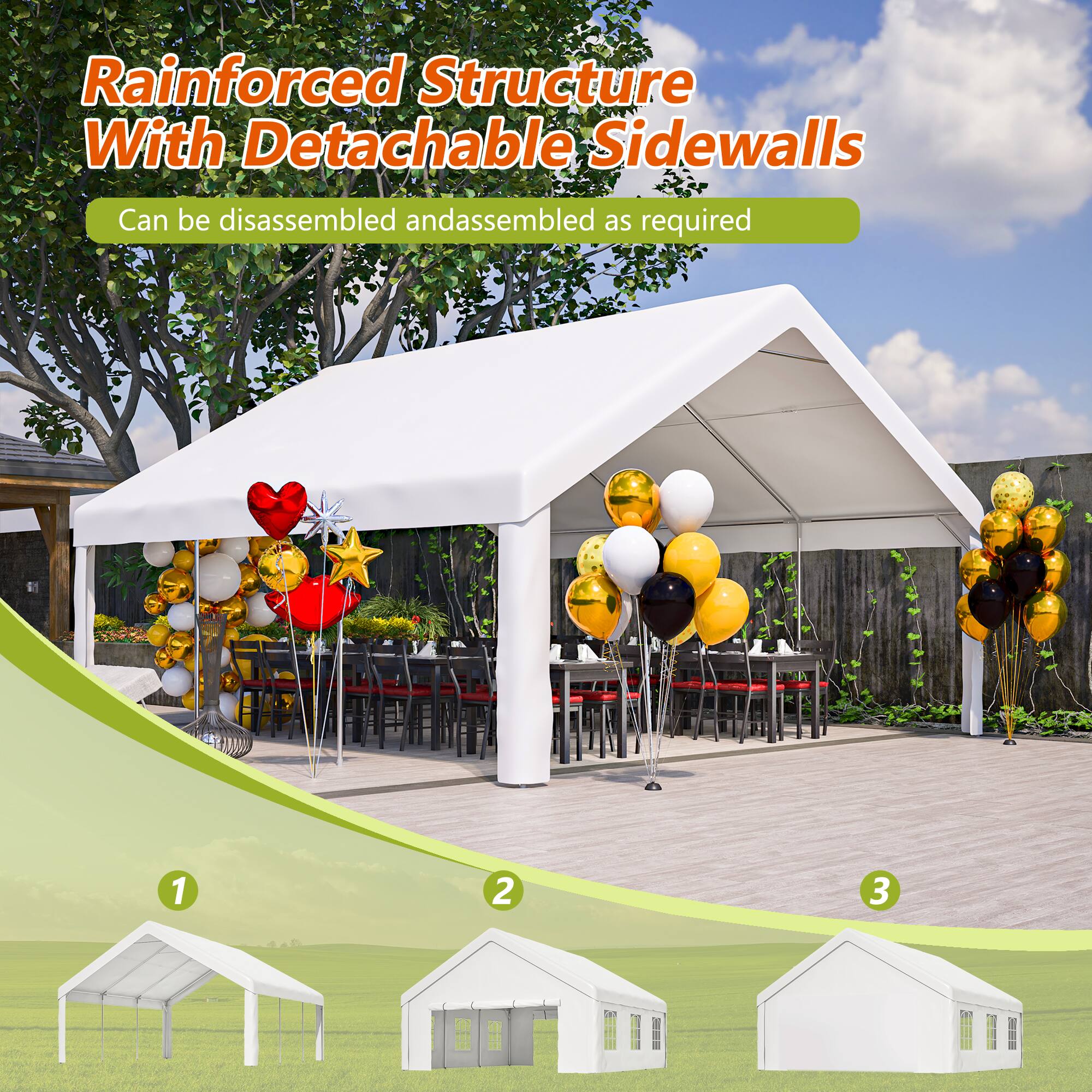 Rainforced Structure With Detachable Sidewalls  
Can be disassembled and assembled as required  

1  
2  
3