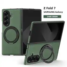 Dteck - Leather Case for Samsung Galaxy Z Fold 7,Shockproof Compatible with Mag Safe 360 Rotation Ring Kickstand Cover - Darkgreen