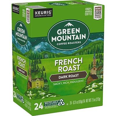 Sure, here is the corrected and grouped text from the image:

---

**KEURIG**  
**GENUINE K-CUP PODS**

**GREEN MOUNTAIN COFFEE ROASTERS**

**FRENCH ROAST**  
**DARK ROAST**

**SMOKY, RICH, INDULGENT**

**100% ARABICA COFFEE**

**24 K-CUP PODS**  
**24 - 0.81 OZ (23g) EACH**  
**NET WT 15 OZ (425g)**

**RECYCLABLE PODS**

**MORE DARK ROAST**

**GREEN MOUNTAIN**

**24-031**

---