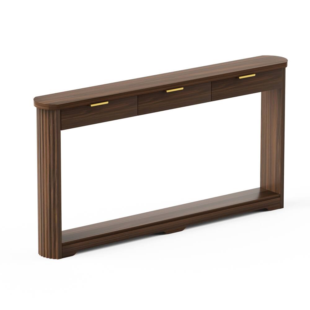 Alt View 2. JUJABU - 70.1" Walnut Wooden Wavy-Patterned Storage Side Table with Drawers ideal for entryways, hallways. - Walnut.