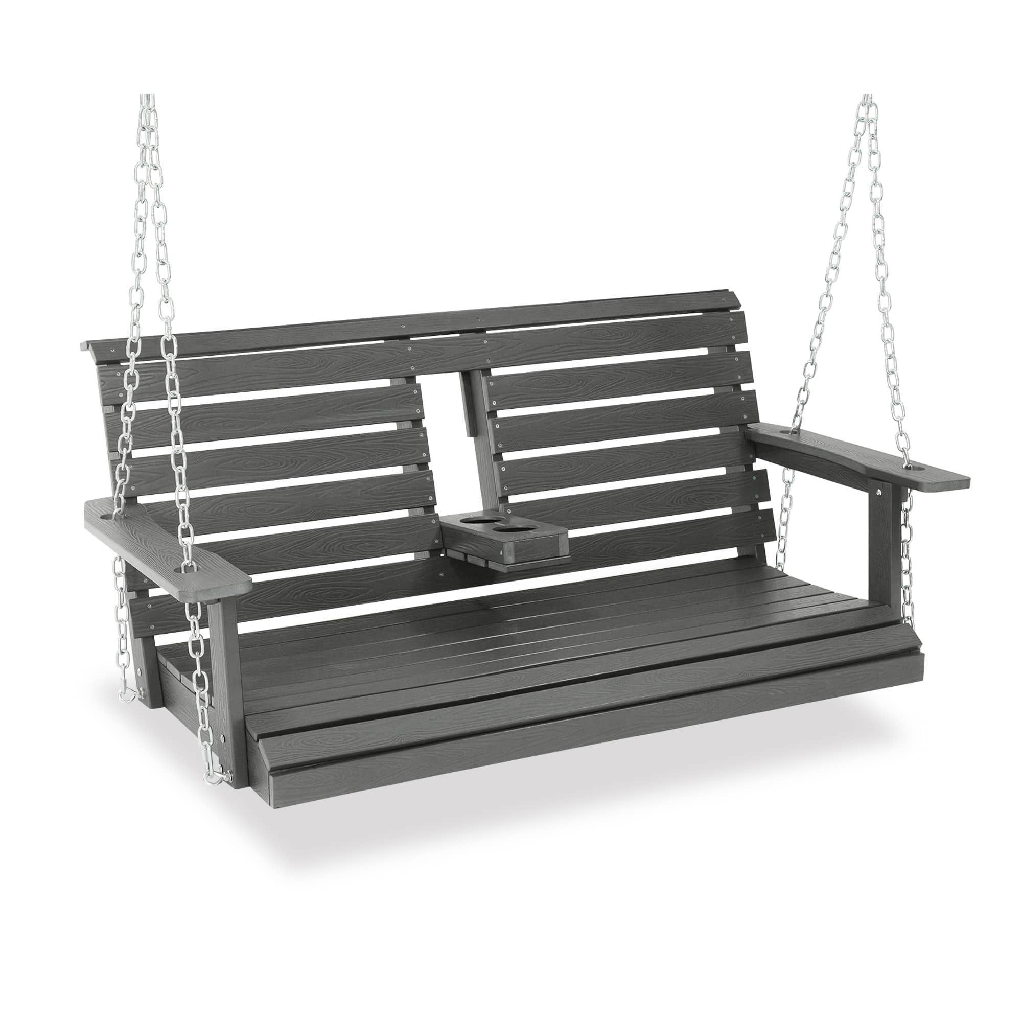 Fortune Candy - Poly Lumber 2-Seat Porch Swing, HIPS 4.5-Feet Bench Swing with Foldable Cup Holders for Porch, Patio and Garden - Deep Gray