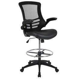 Emma + Oliver - Mid-Back Mesh Ergonomic Drafting Chair with Foot Ring and Flip-Up Arms - Black Mesh & LeatherSoft/Black Frame