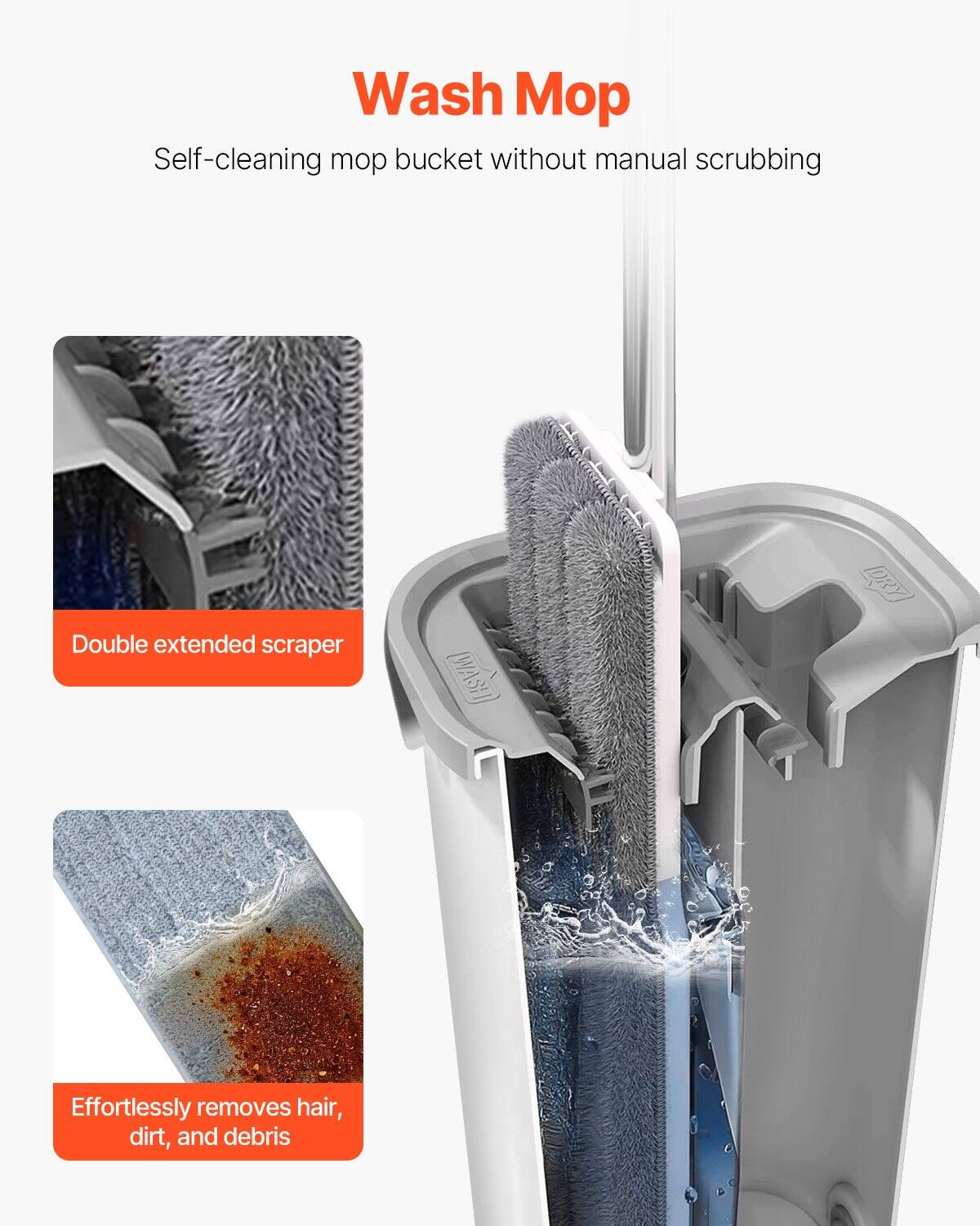 Wash Mop

Self-cleaning mop bucket without manual scrubbing

Double extended scraper

Effortlessly removes hair, dirt, and debris