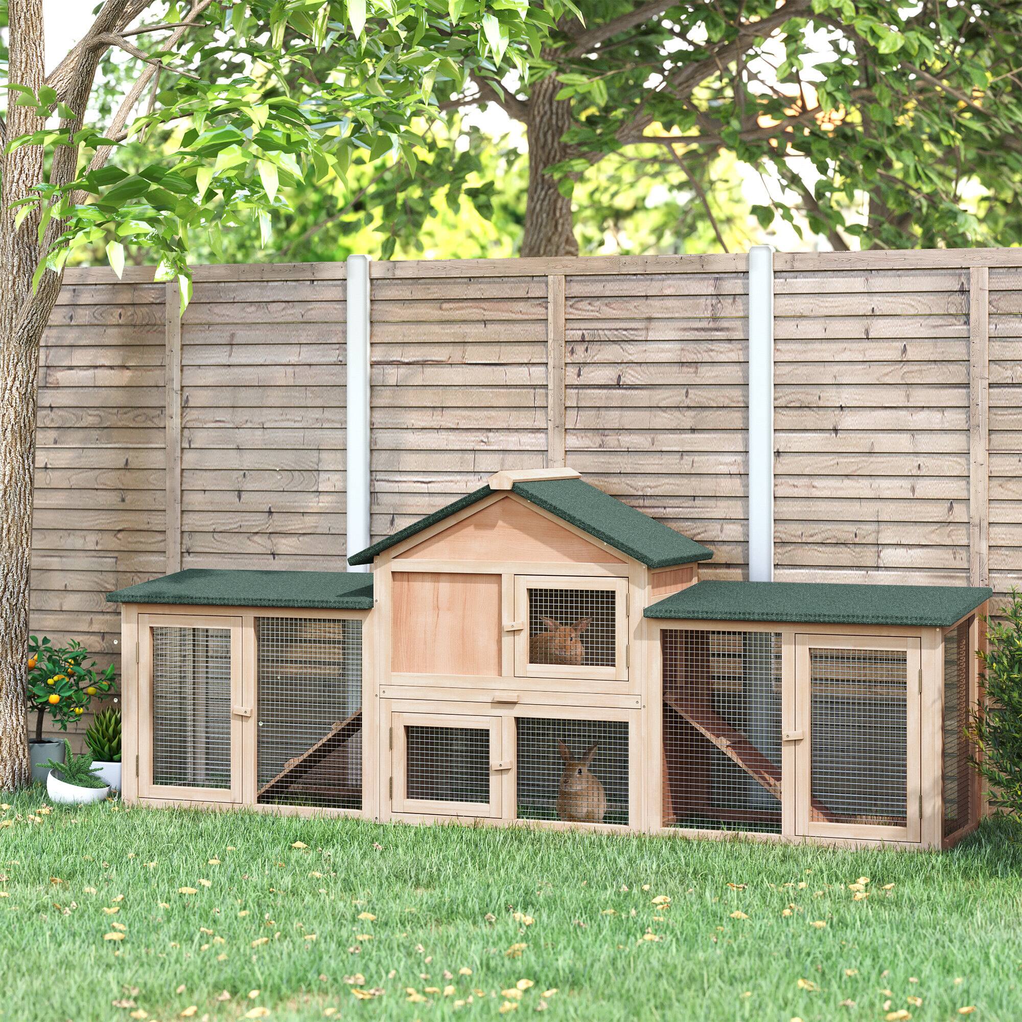 Angle. Pawhut - 83" L Outdoor Rabbit Hutch with Double Runs, Guinea Pig Cage Indoor, Weatherproof Roof, Removable Tray, Ramps.