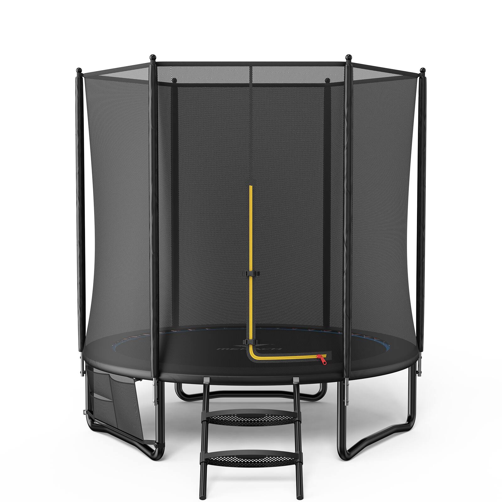 Angle. MERACH - MERACH 8FT Trampoline with Safety Net, 330 lbs Capacity, Ladder, LED Lights & Water Spray Hose for Backyard Fun.