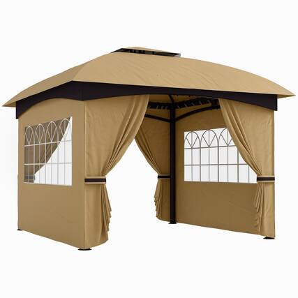 Front. Outsunny - 11' x 11' Outdoor Gazebo, Arc Patio Gazebo Canopy Shelter, UV Protected, with Curtains, Church Windows - Beige.