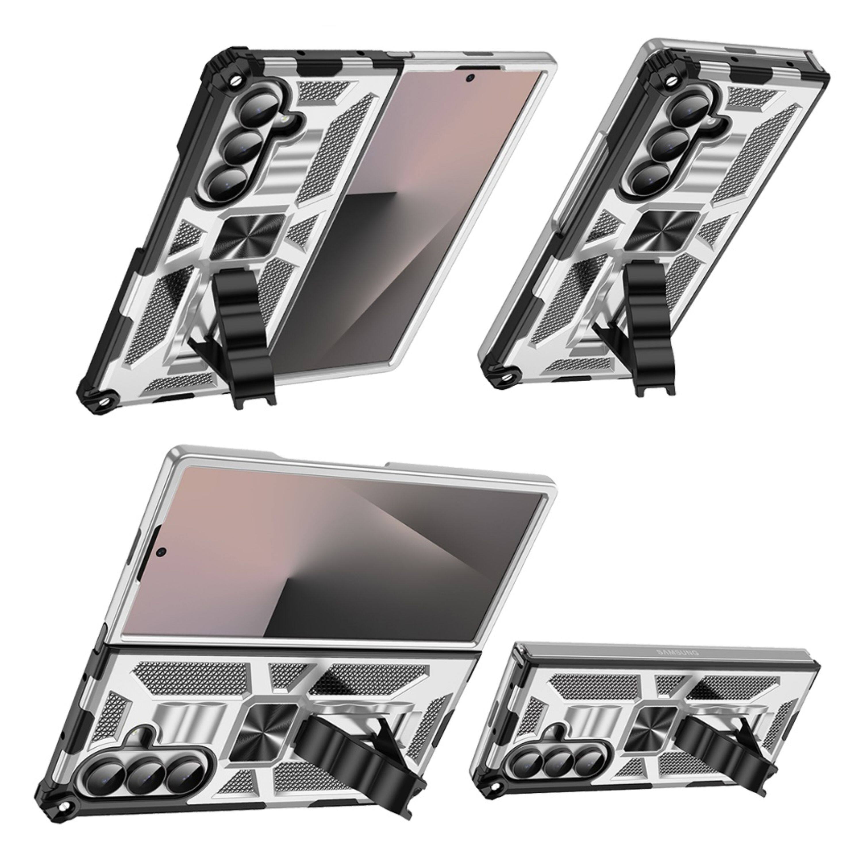 Angle. Kitcheniva - Shockproof Case With Stand Metal Plate Tempered Glass For Samsung Galaxy Z Fold7 Silver - Silver.