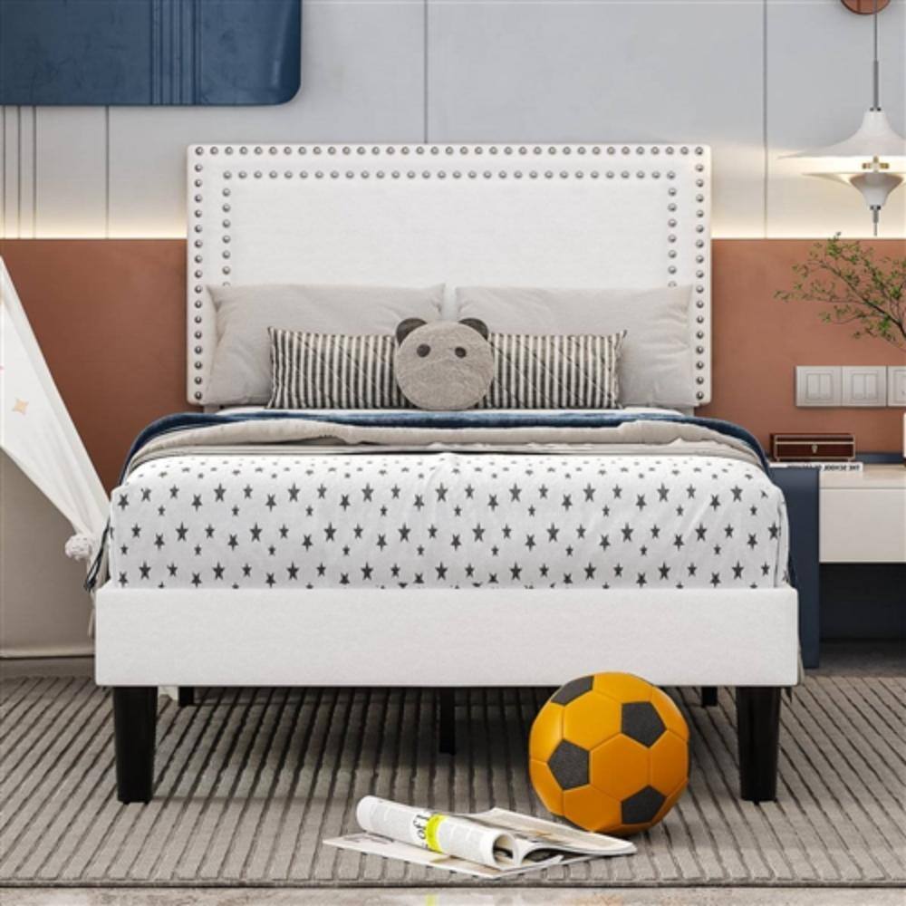 Left. Hivvago - Set of 2 - Twin size White Tufted Upholstered Platform Bed Frame with Headboard - White.