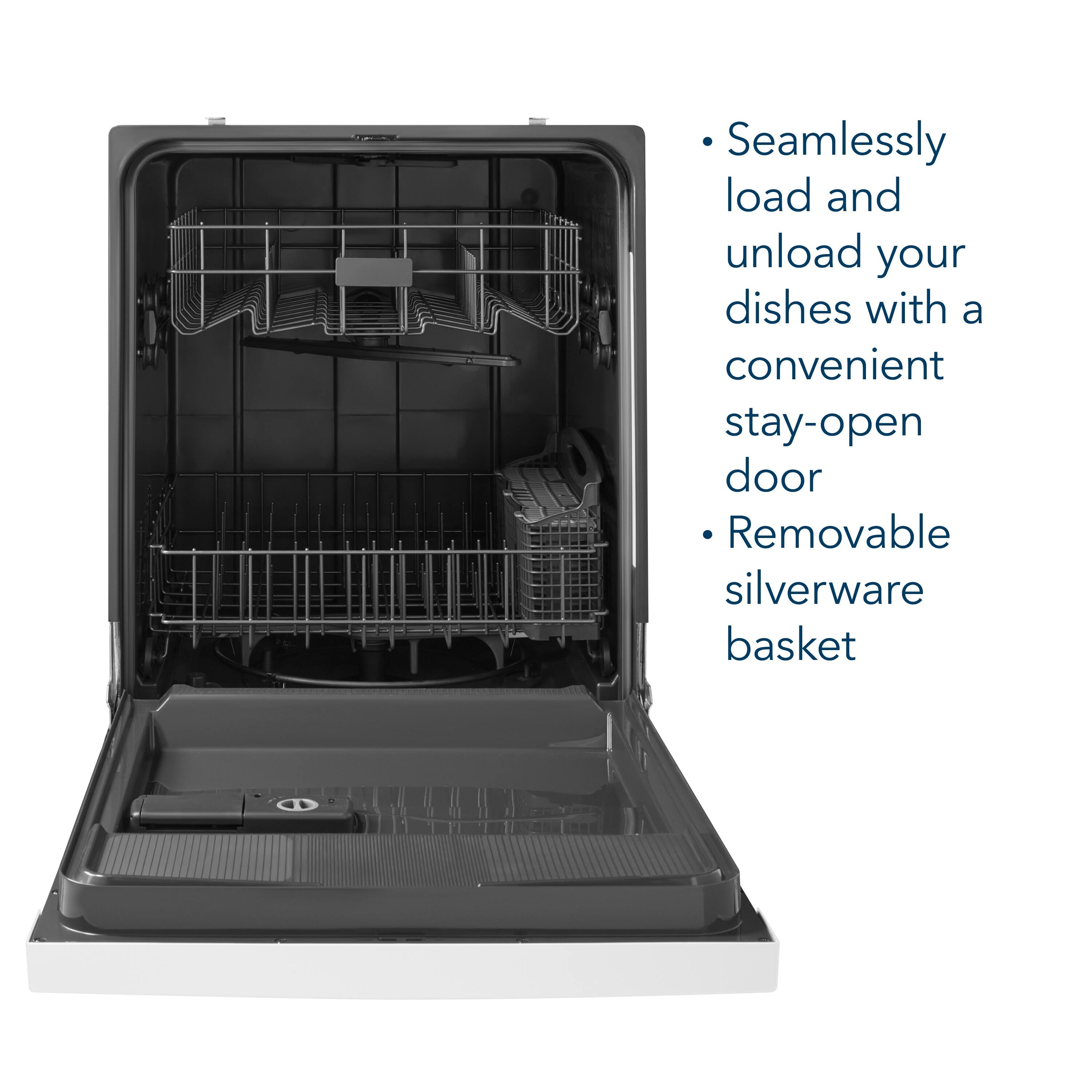 - Seamlessly load and unload your dishes with a convenient stay-open door
- Removable silverware basket