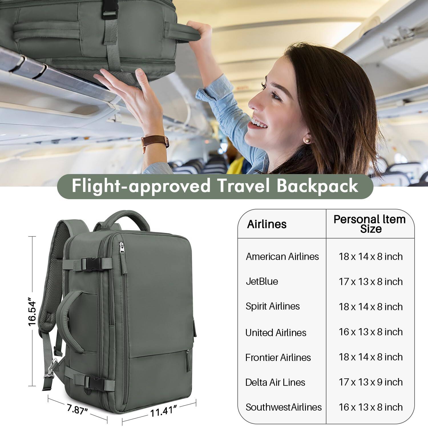 Back. Live At Space - Travel Backpack For Women Men Flight Approved  Carry on Bag Luggage Personal Item Laptop Casual Daypack Haves Olive - Blue Green-Large.
