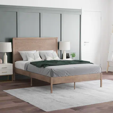 Front. Emma + Oliver - Ashton Classic Wooden Platform Bed with Headboard - Light Brown.