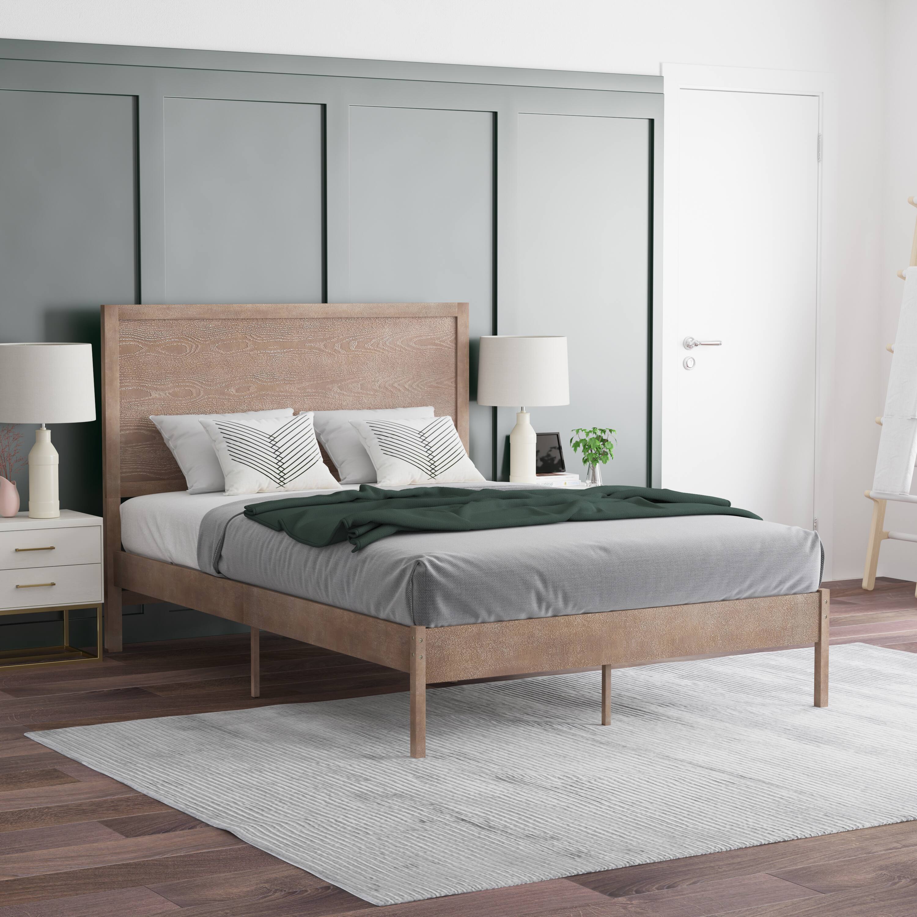 Front. Emma + Oliver - Ashton Classic Wooden Platform Bed with Headboard - Light Brown.