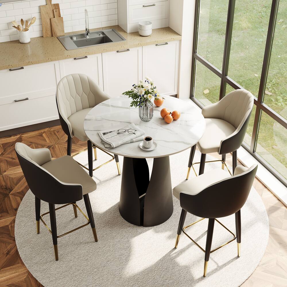 Angle. POVISON - 35" Modern Round Counter Height Bar Table for 2-4 People, White Glossy Bistro Table for Kitchen & Small Spaces - White & Black.