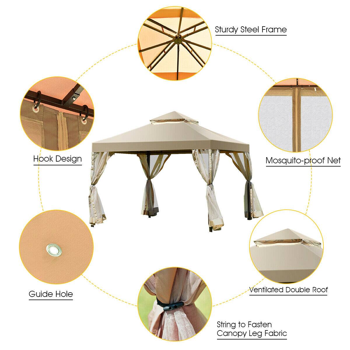 - Sturdy Steel Frame
- Hook Design
- Mosquito-proof Net
- Guide Hole
- Ventilated Double Roof
- String to Fasten Canopy Leg Fabric