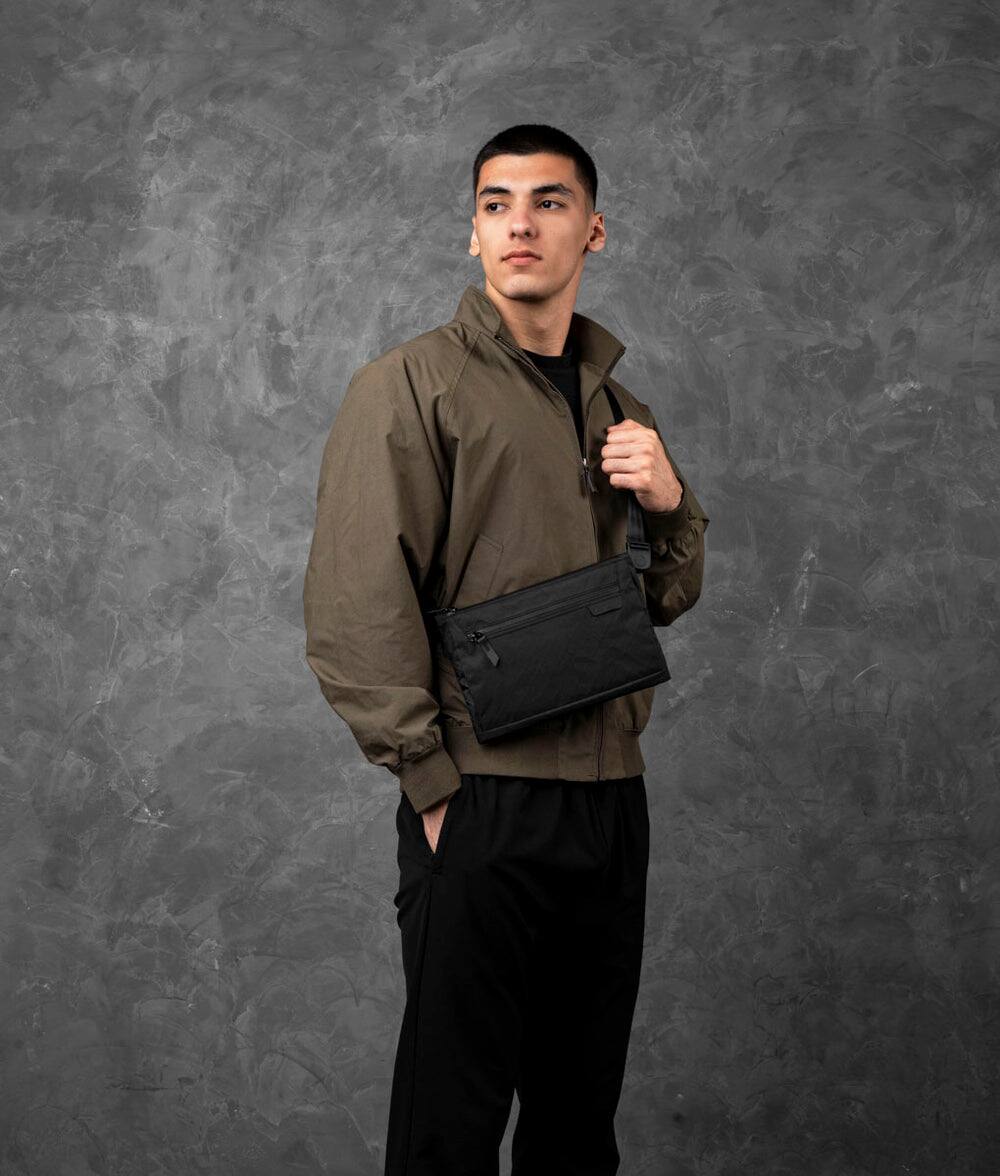 Angle. ALPAKA - Zip Pouch Max V2 Wallet Pouch, 2L Slim EDC Organizer Sling, Fits iPad Mini, YKK AquaGuard - Black Ultradyne 100D.