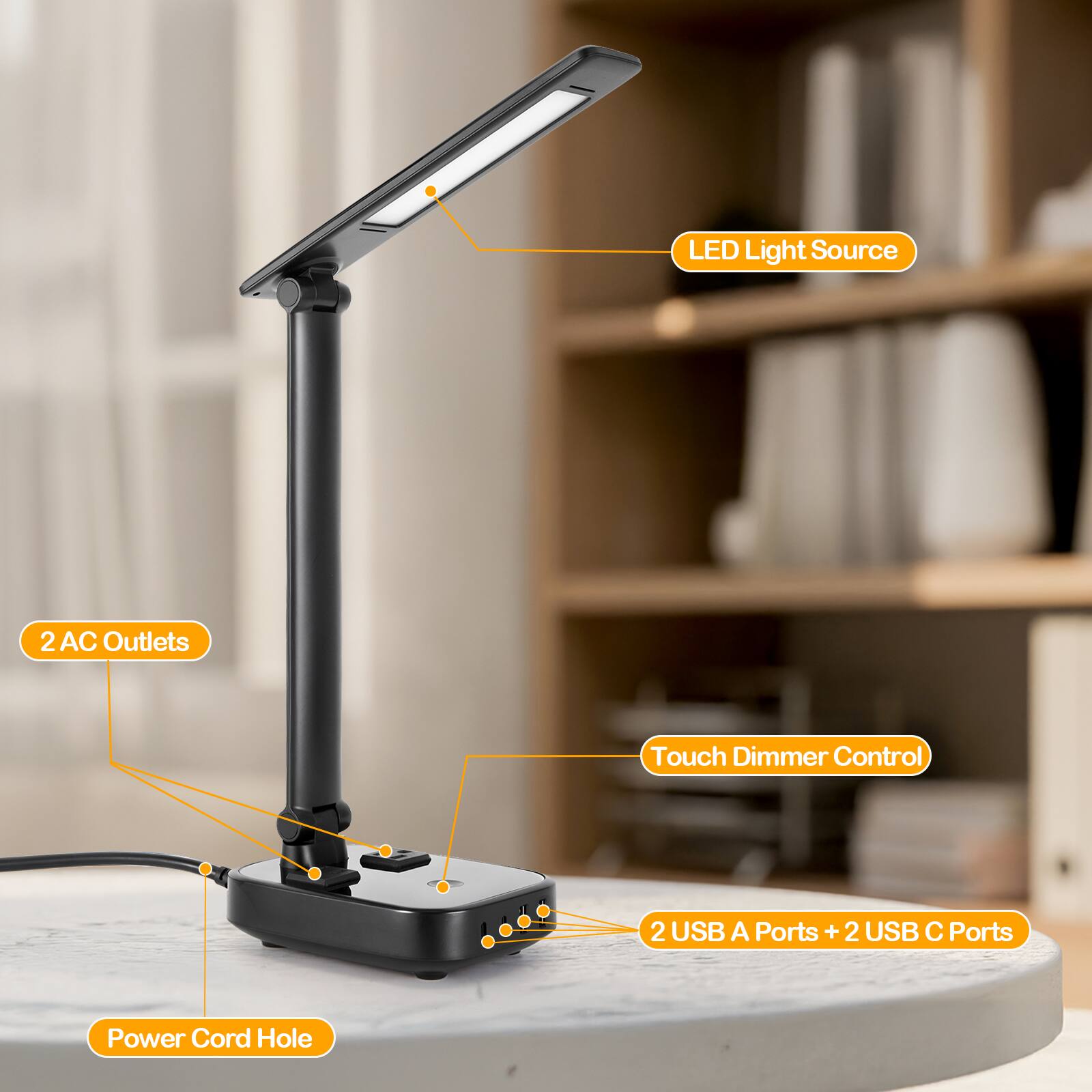 LED Light Source, 2 AC Outlets, Touch Dimmer Control, 2 USB A Ports + 2 USB C Ports, Power Cord Hole