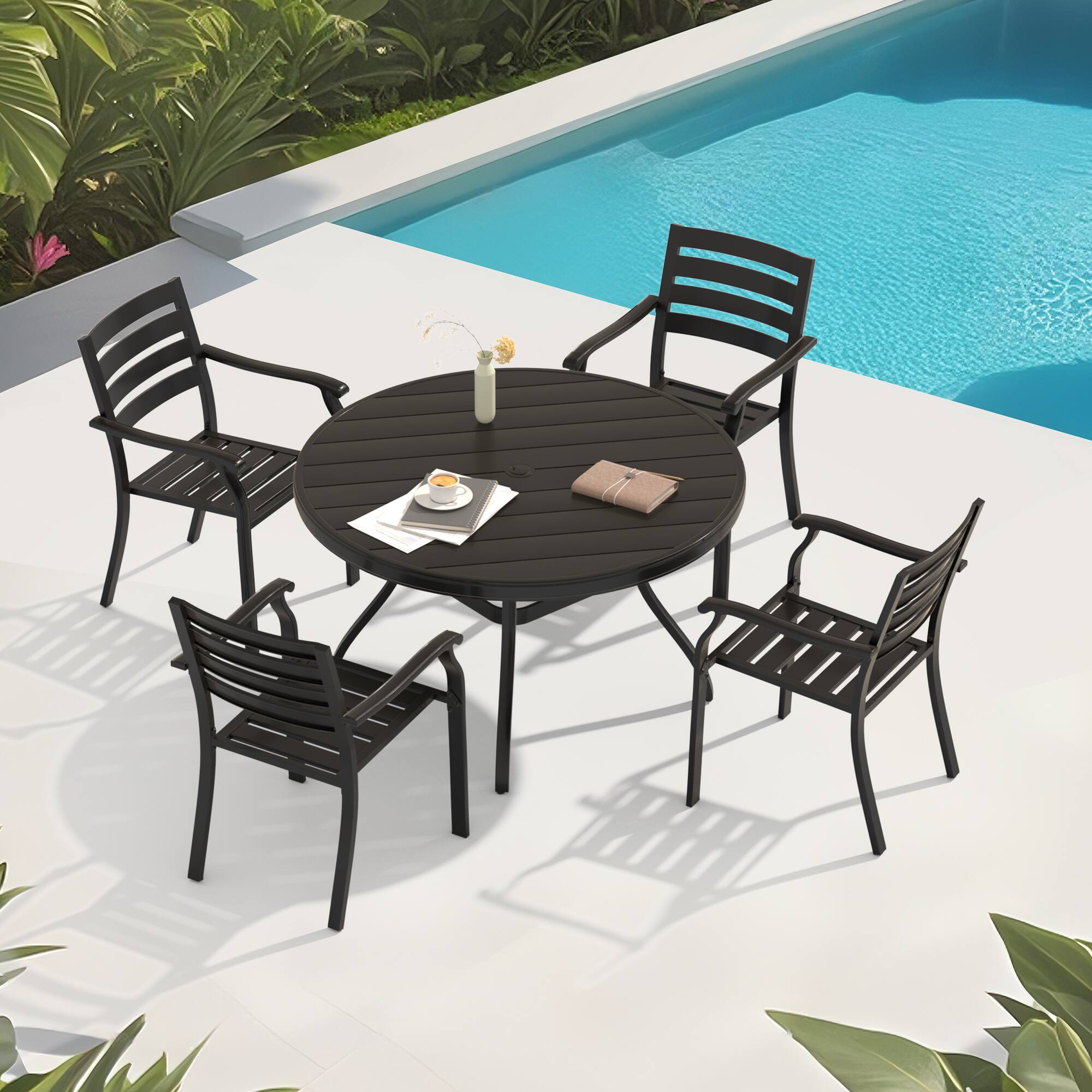 Angle. Mondawe - 5 Pieces Outdoor Metal Dining Set, 4 Stackable Dining Chairs and 40.6" Round Dining Table - Black.