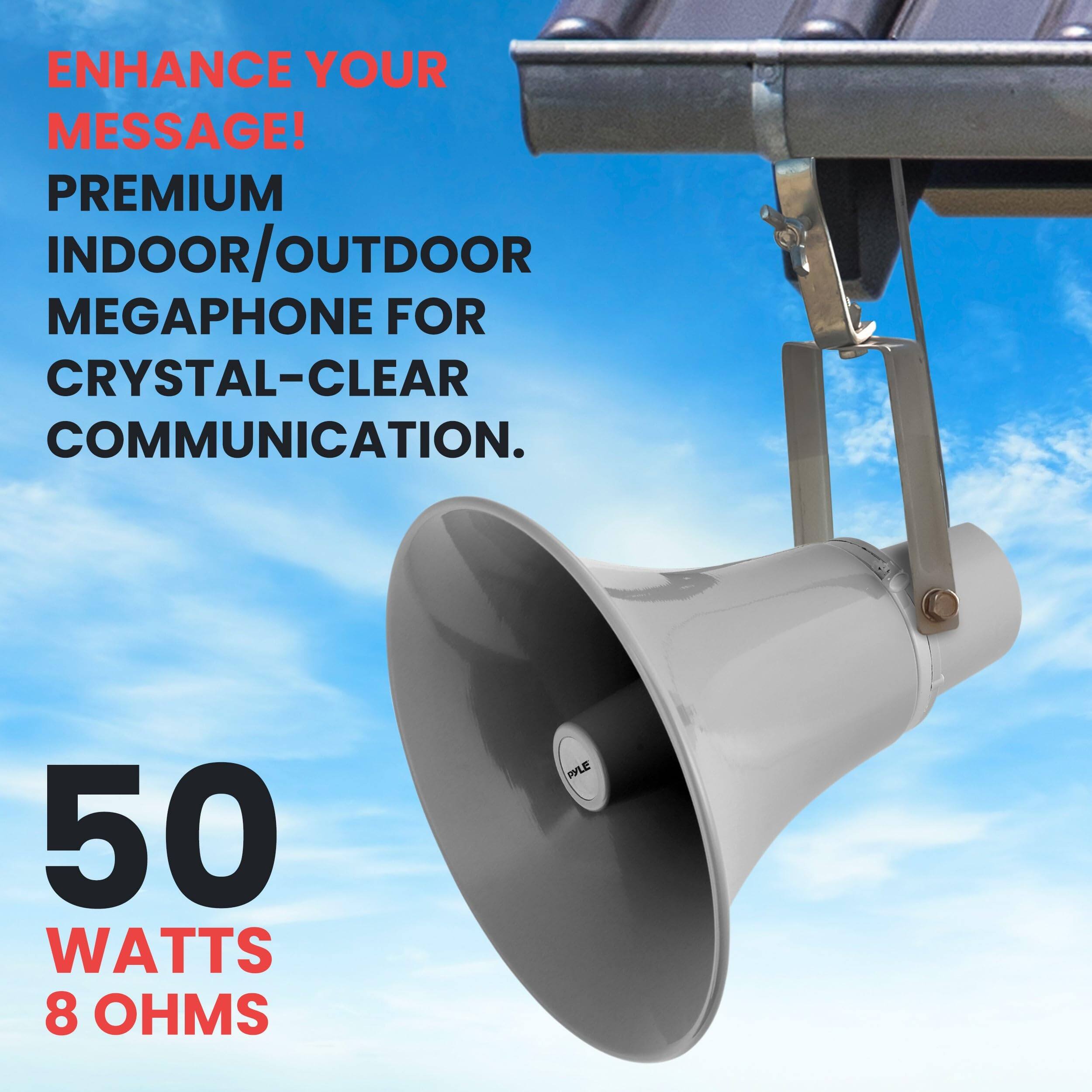 ENHANCE YOUR MESSAGE!  
PREMIUM INDOOR/OUTDOOR MEGAPHONE FOR CRYSTAL-CLEAR COMMUNICATION.  
50 WATTS 8 OHMS