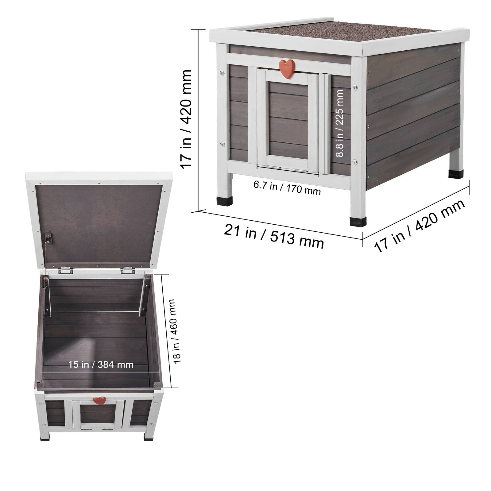 Here is the corrected and grouped text from the image:

- Height: 17 in / 420 mm
- Width: 21 in / 513 mm
- Depth: 15 in / 384 mm
- Door height: 8.8 in / 225 mm
- Door width: 6.7 in / 170 mm
- Side height: 6.7 in / 170 mm
- Side width: 1 in / 25 mm
- Bottom height: 1.8 in / 46 mm