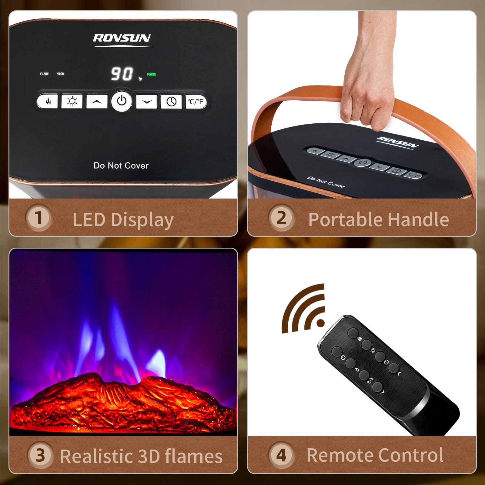 1. LED Display  
2. Portable Handle  
3. Realistic 3D flames  
4. Remote Control