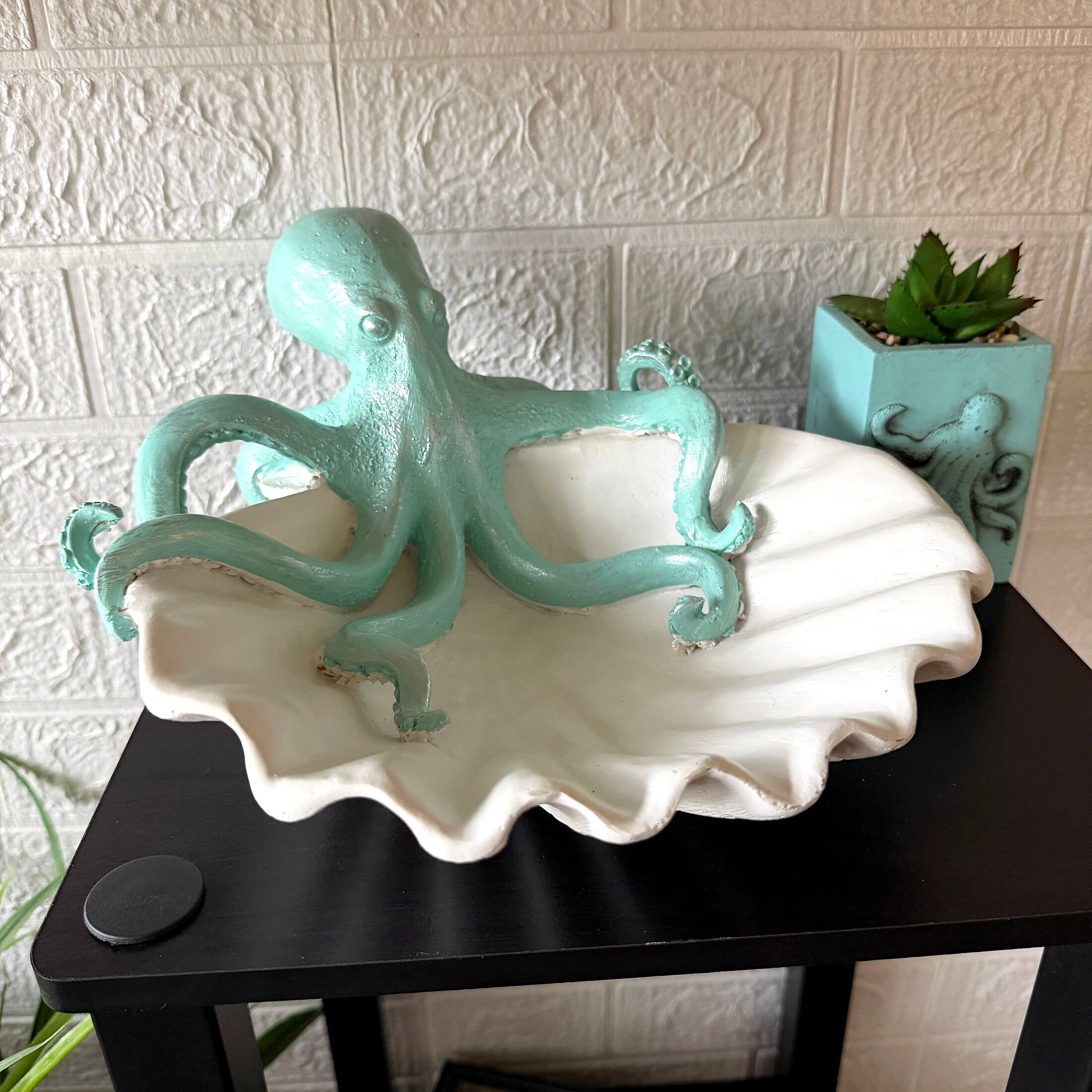 Alt View 3. Fancy That - Decorative Octopus Shell Tray Coastal Resin Catchall Dish 10 X 10 X 6 In - White And Blue.