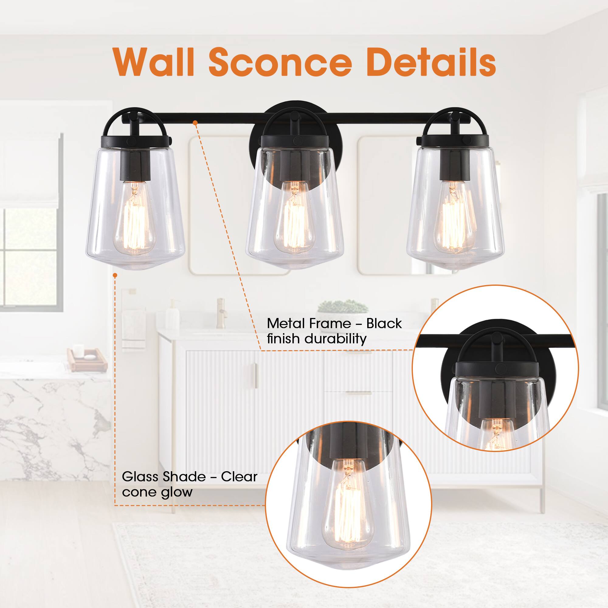 Wall Sconce Details

Metal Frame - Black finish durability

Glass Shade - Clear cone glow