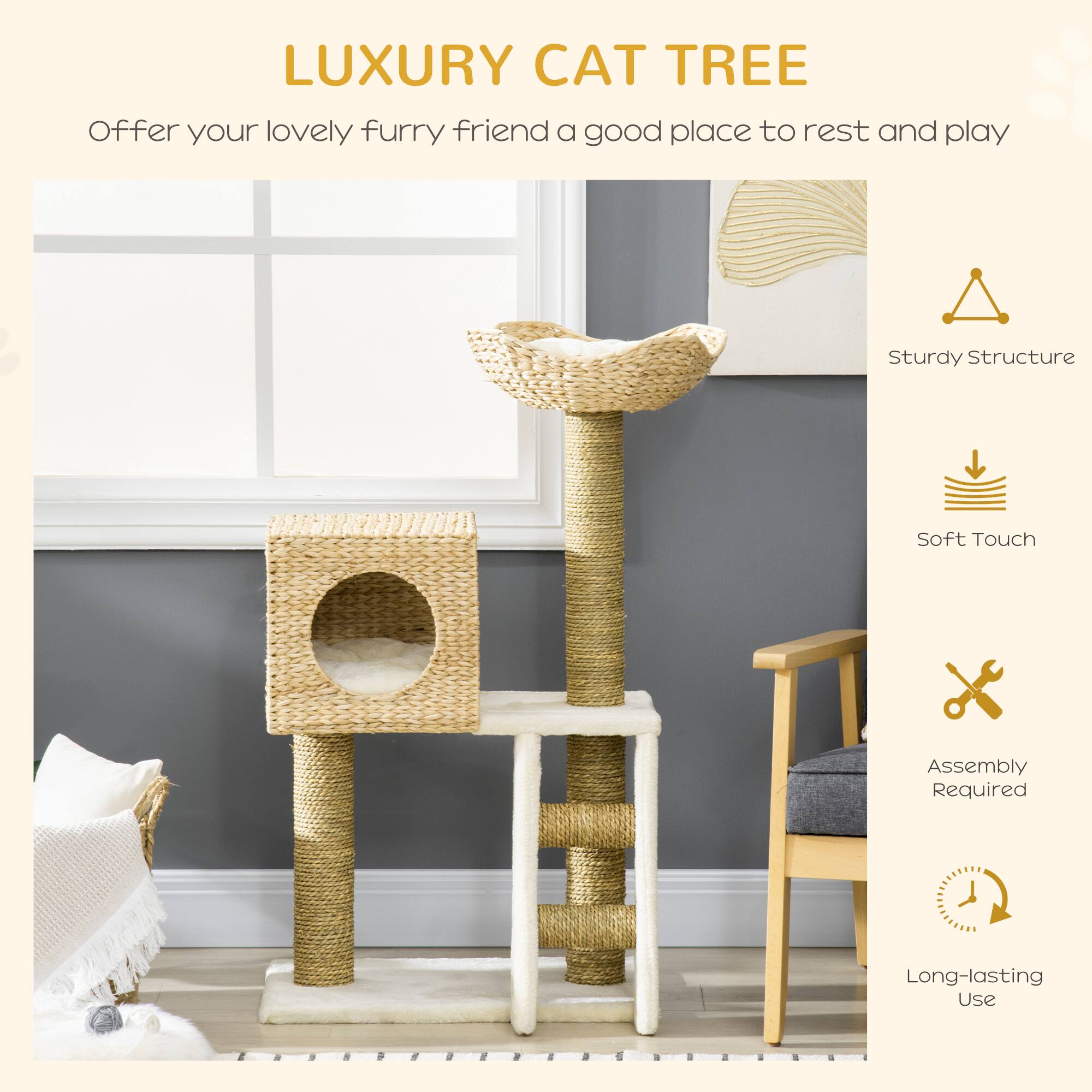 LUXURY CAT TREE

Offer your lovely furry friend a good place to rest and play

- Sturdy Structure
- Soft Touch
- Assembly Required
- Long-lasting Use