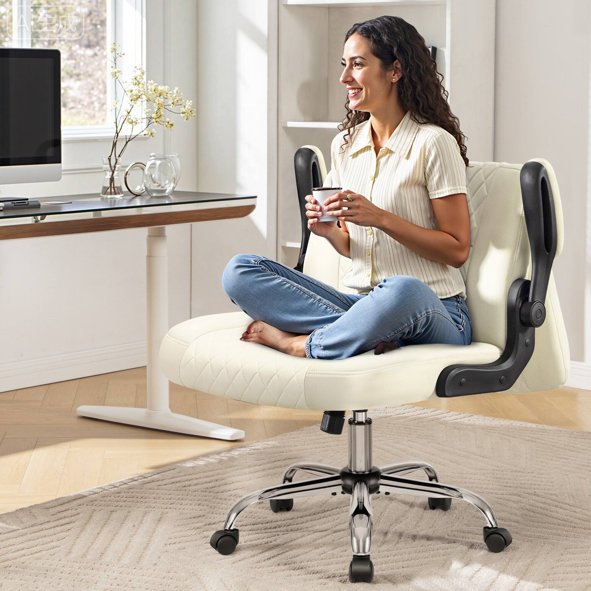 Alt View 7. KERDOM - Ergonomic Home Office Chair with Flip Backrest & Arms, Thickened Waterproof PU Leather, Swivel Wide Seat Vanity Chair - White.