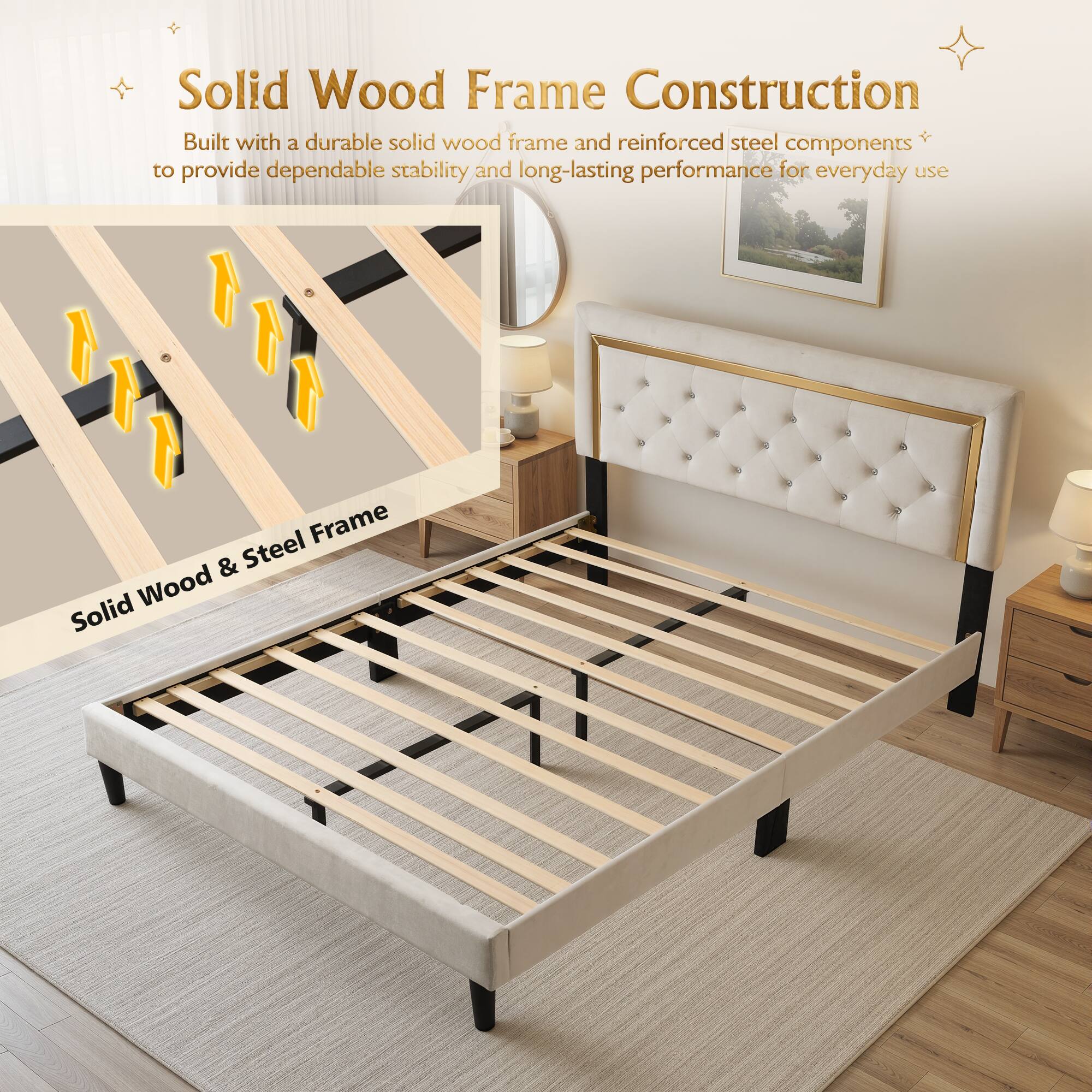 Solid Wood Frame Construction  
Built with a durable solid wood frame and reinforced steel components to provide dependable stability and long-lasting performance for everyday use  

Solid Wood & Steel Frame