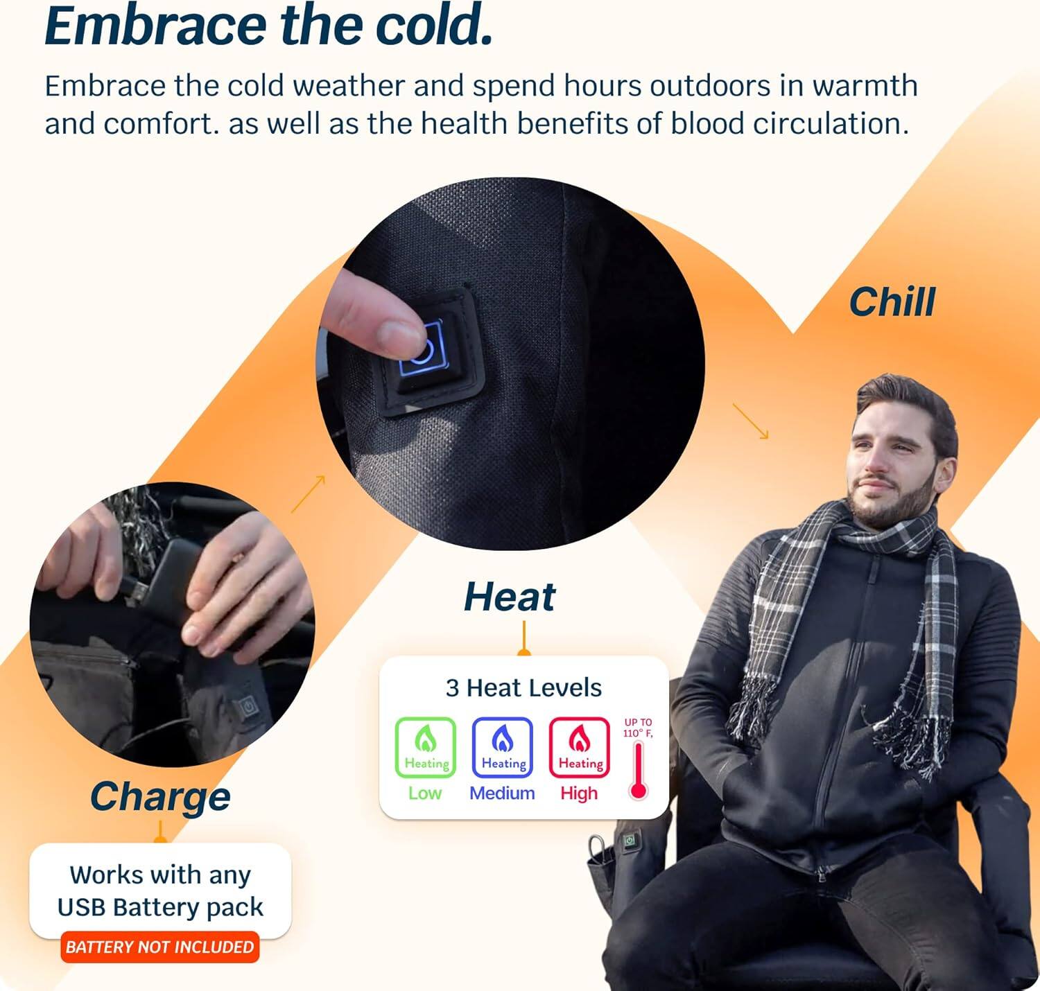 Embrace the cold.

Embrace the cold weather and spend hours outdoors in warmth and comfort, as well as the health benefits of blood circulation.

Chill

Heat

3 Heat Levels
- Heating Low
- Heating Medium
- Heating High
UP TO 110°F

Charge

Works with any USB Battery pack
BATTERY NOT INCLUDED