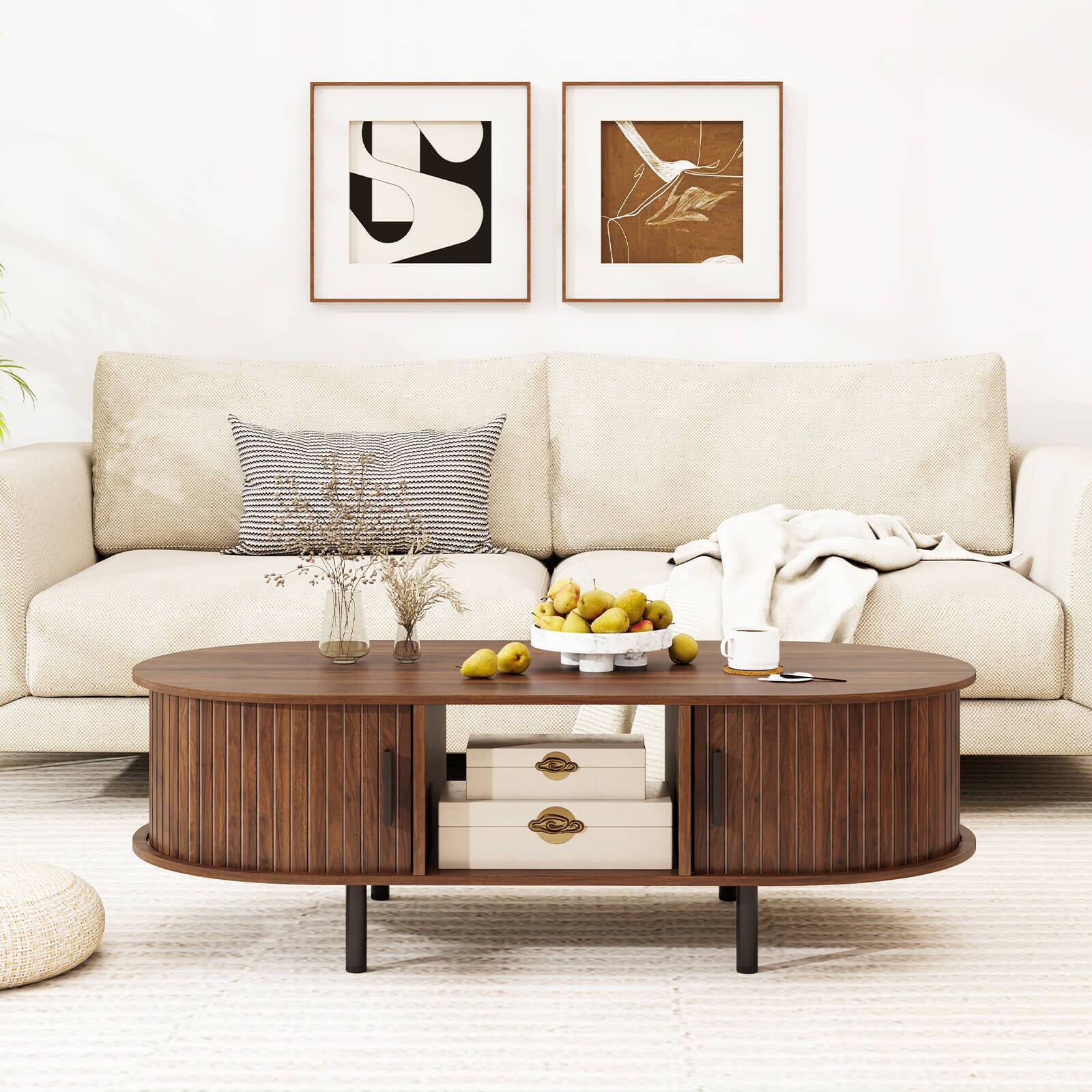 Alt View 3. Costway - Costway 48" Mid Century Center Table with Sliding Fluted Doors & Open Compartment - Brown.
