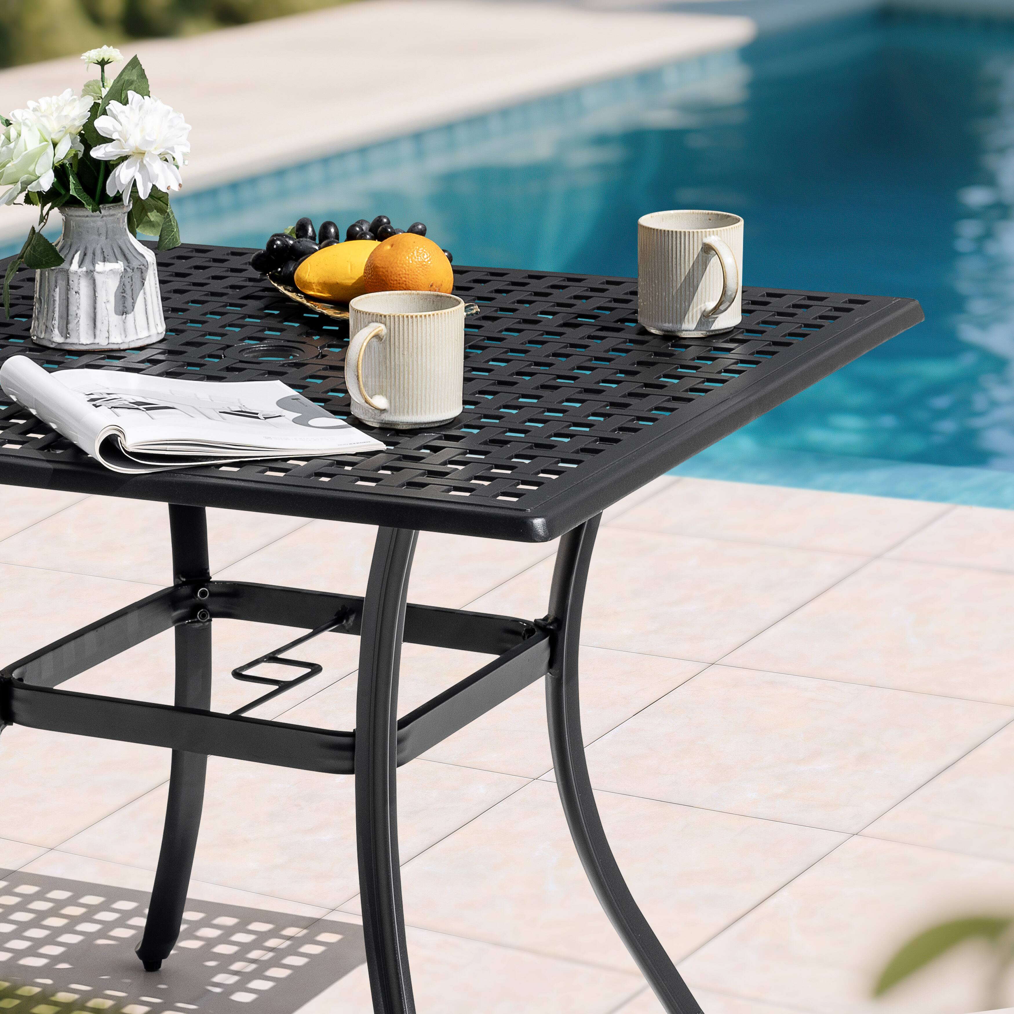 Alt View 8. Nuu Garden - 35.4'' Square Cast Aluminum Outdoor Dining Table with Umbrella Hole and Mesh Tabletop - Black with Gold Speckles.