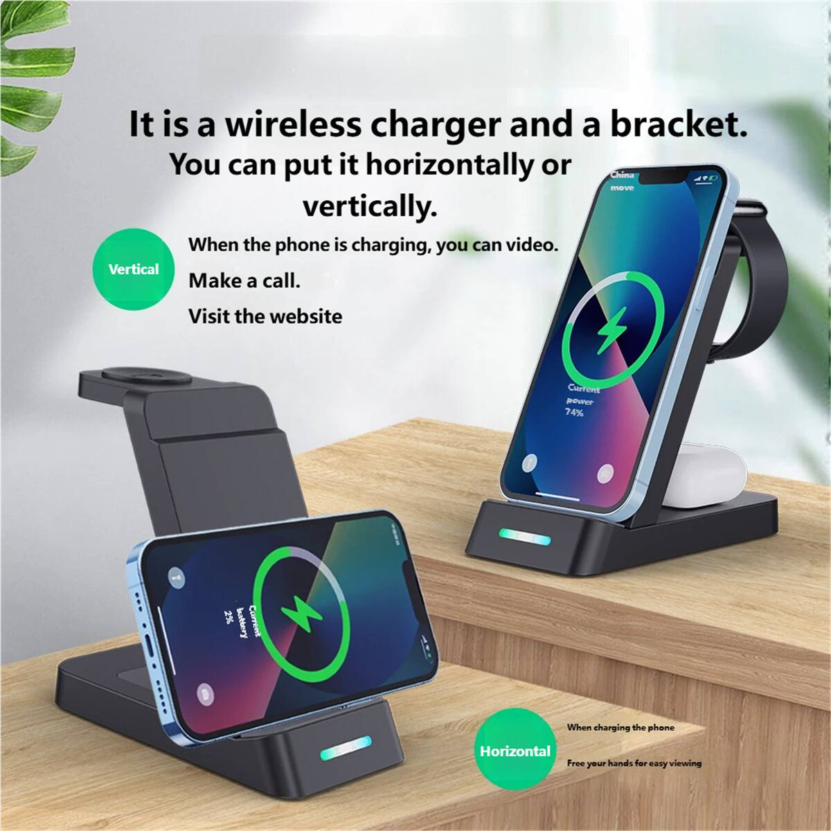 It is a wireless charger and a bracket. You can put it horizontally or vertically.

When the phone is charging, you can video. Make a call. Visit the website.

When charging the phone, free your hands for easy viewing.