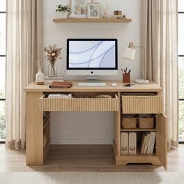 Boyel Living - 55 Inch Fluted Office Desk with Storage Cabinet Drawers and Power Outlet Light Oak - Dark Walnut
