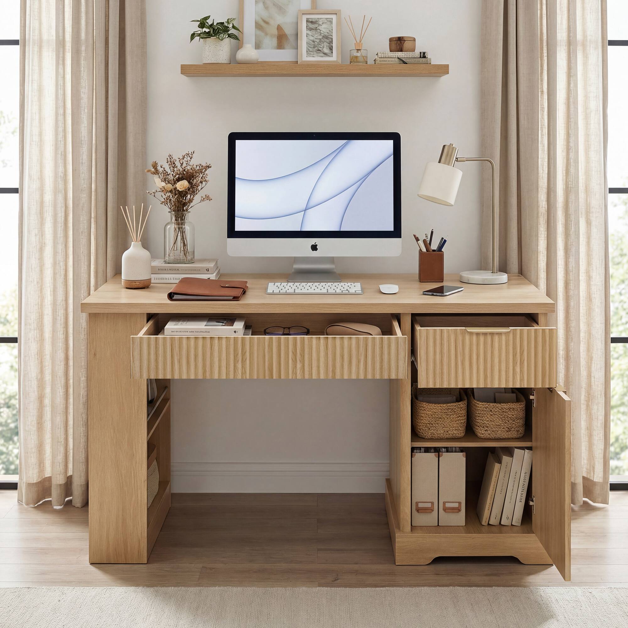 Front. Boyel Living - 55 Inch Fluted Office Desk with Storage Cabinet Drawers and Power Outlet Light Oak - Dark Walnut.