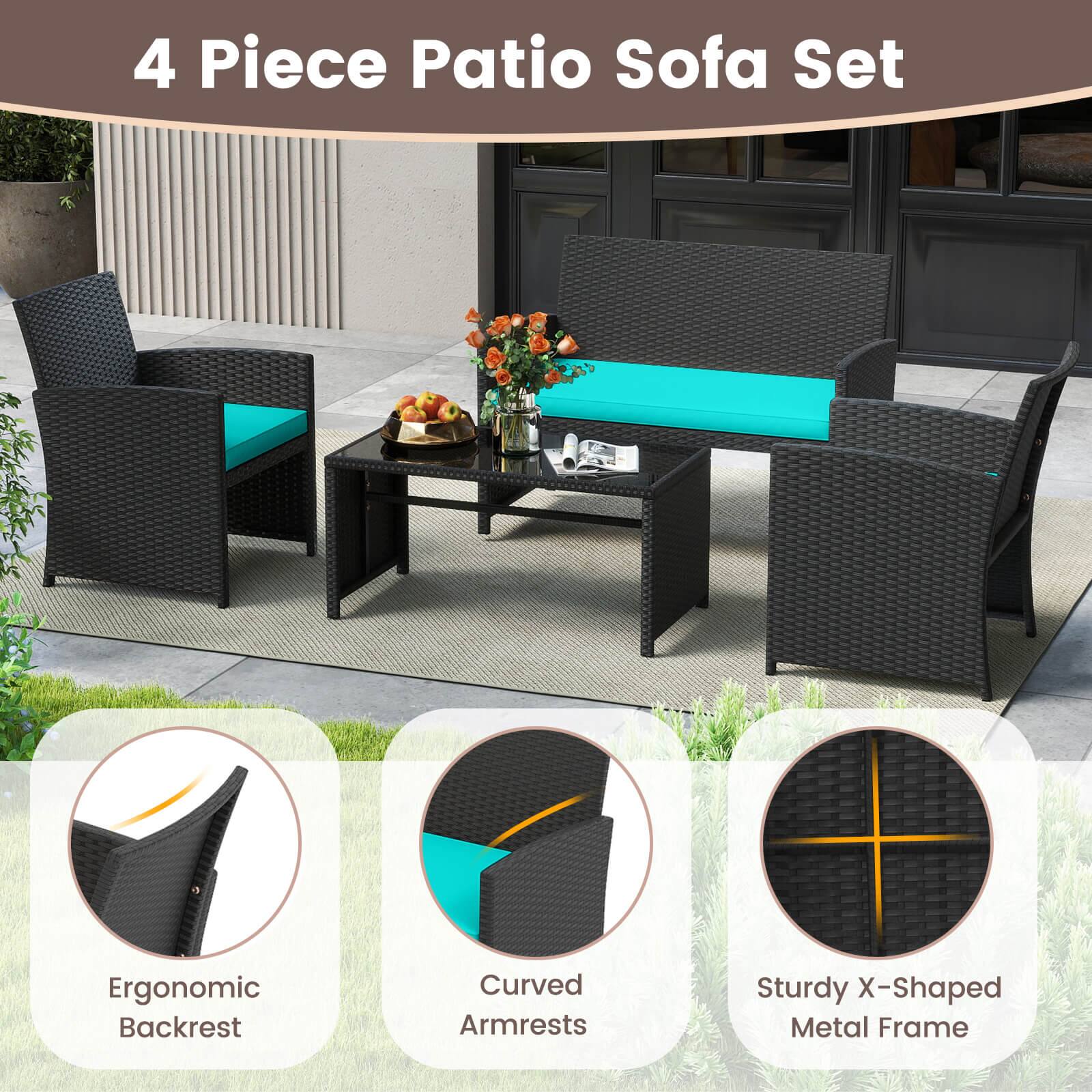 4 Piece Patio Sofa Set

- Ergonomic Backrest
- Curved Armrests
- Sturdy X-Shaped Metal Frame