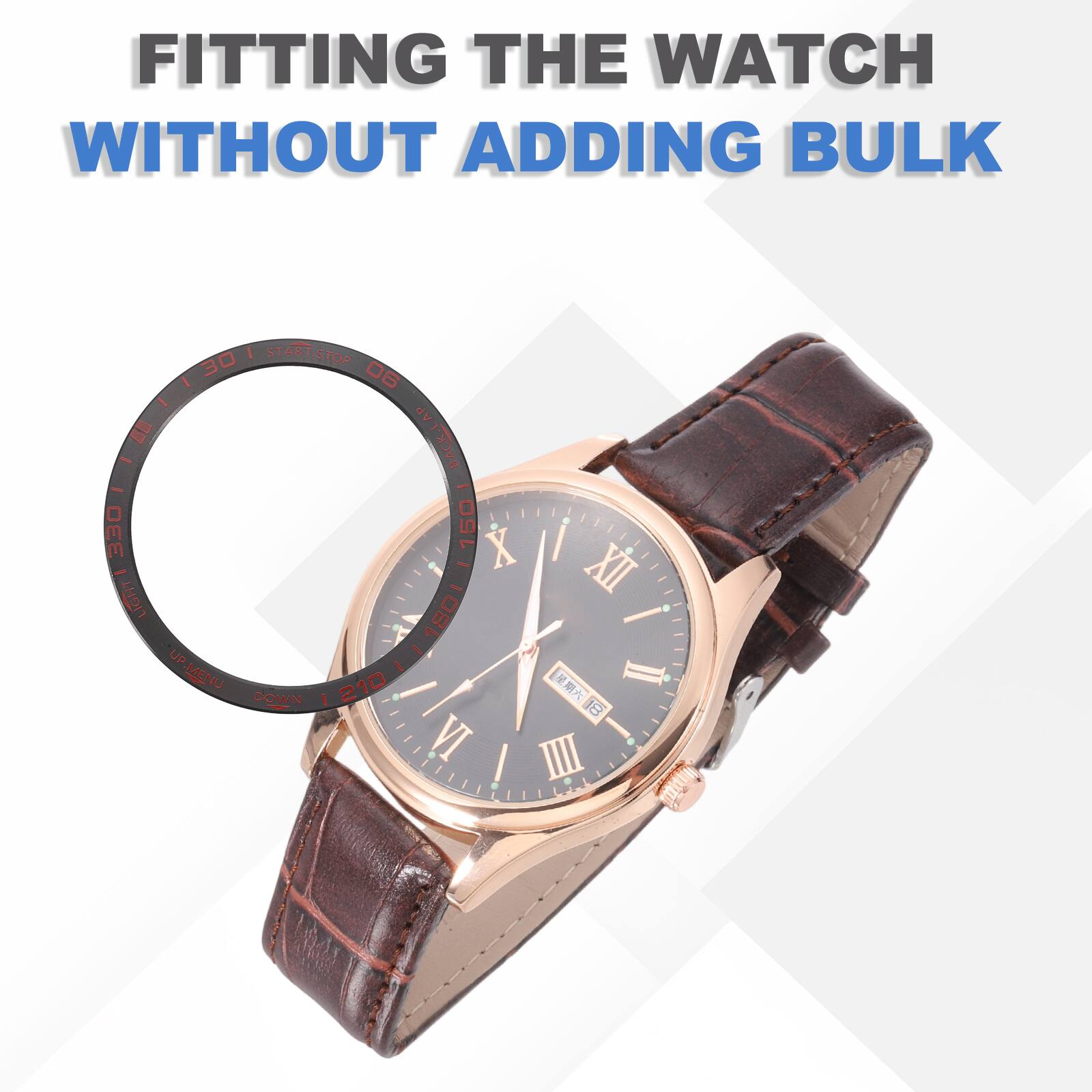 Fitting the watch without adding bulk

Start/Stop 30 06 I - AP E Back-Lap I - DEE 150 X I - XII Light! 108  Up Up.Menu 210  II Down I 18 VI I III