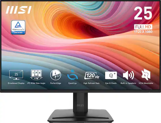 The text on the image reads: "II & TVRheinland CERTIFIED 25 FULLHD HD 1920 X 1080 25 I P S 178 120 Hz + Broadened Display IPS Wide View Angle PerfectEdge EyesErgo High Refresh Rate Eye-Q Check Built-in Speakers VESA Mountable HISI."