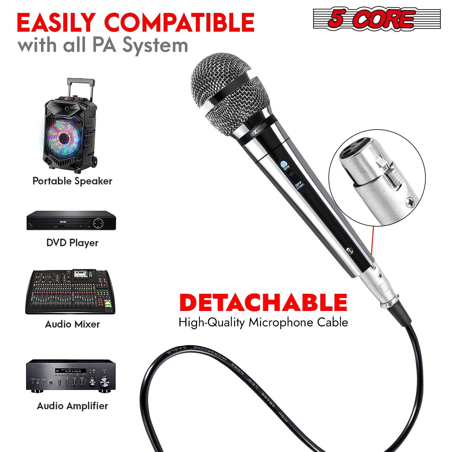 Easily compatible with all PA System. 5-Core Portable Speaker, DVD Player, Audio Mixer, Audio Amplifier, Detachable High-Quality Microphone Cable.