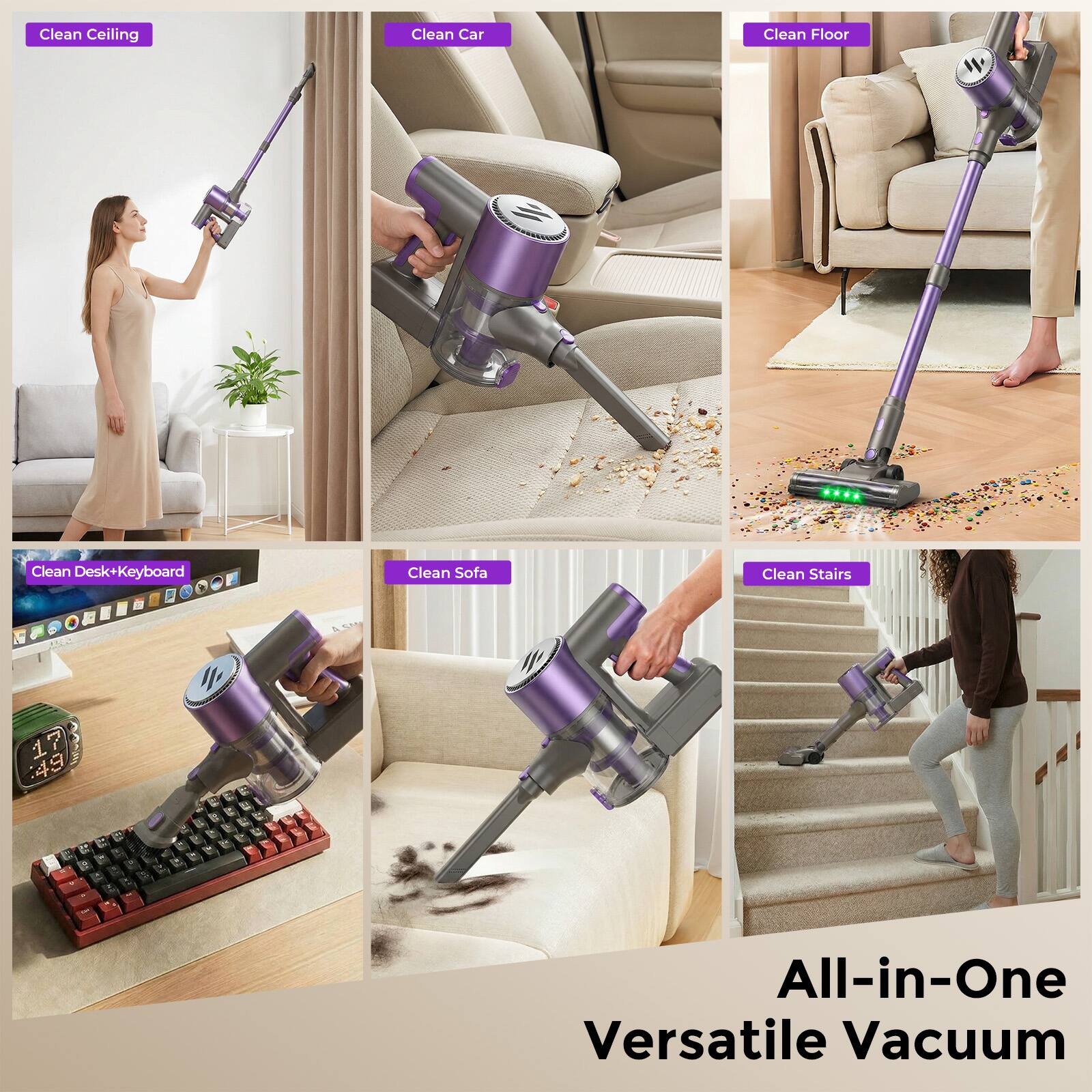 Clean Ceiling  
Clean Car  
Clean Floor  
Clean Desk+Keyboard  
Clean Sofa  
Clean Stairs  

All-in-One Versatile Vacuum