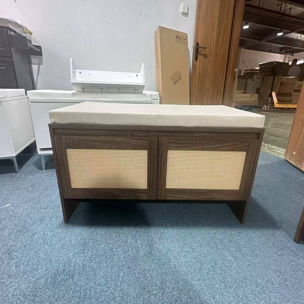 Alt View 1. Ropilly - Ropilly Rattan Storage Bench with Cushion, Mid-Century Modern Wood Entryway Seat Shoe Cabinet with Doors, Natural Finish - Natural.