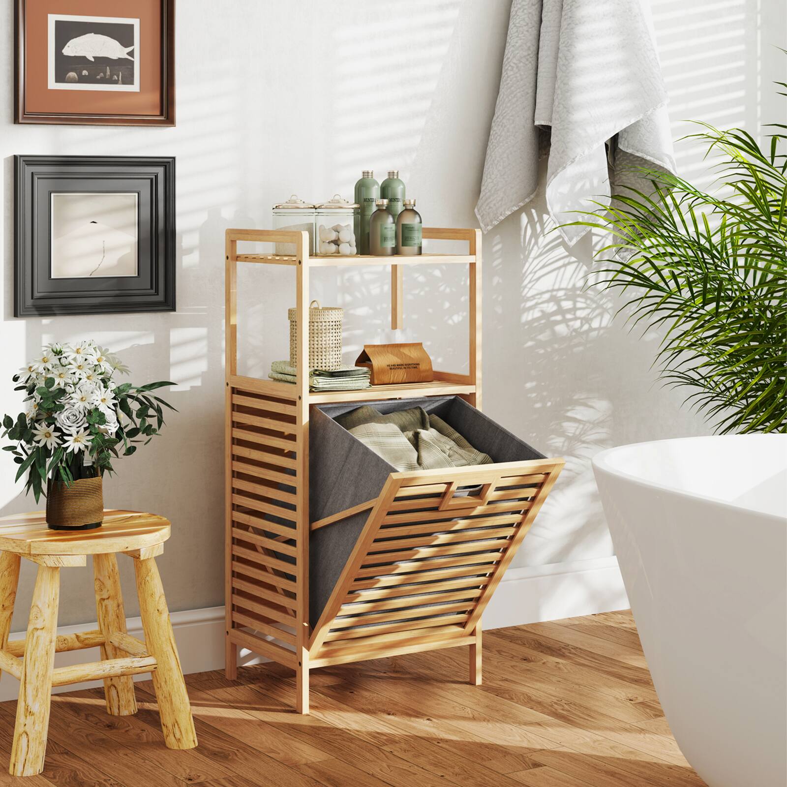 Alt View 1. Gymax - Gymax Tilt-out Laundry Hamper w/ 2-Tier Shelves & Tilt-out Basket Bamboo Organizer - Yellow.